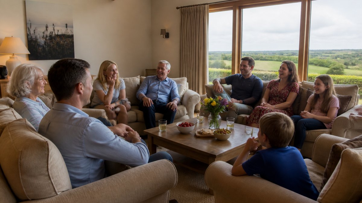 Multi-generational family group relaxing together in a spacious, bright living room with countryside views through windows, comfortable seating arranged conversationally, natural daylight streaming in