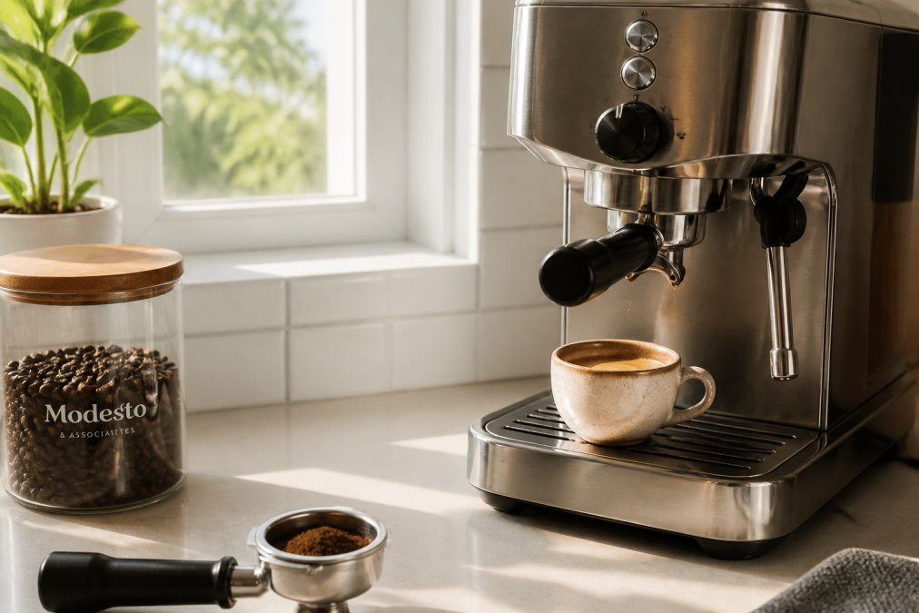 A bright, modern kitchen counter with a stainless steel espresso machine, a freshly pulled espresso shot in a ceramic cup, and whole coffee beans in a nearby glass container, natural morning light streaming through a window