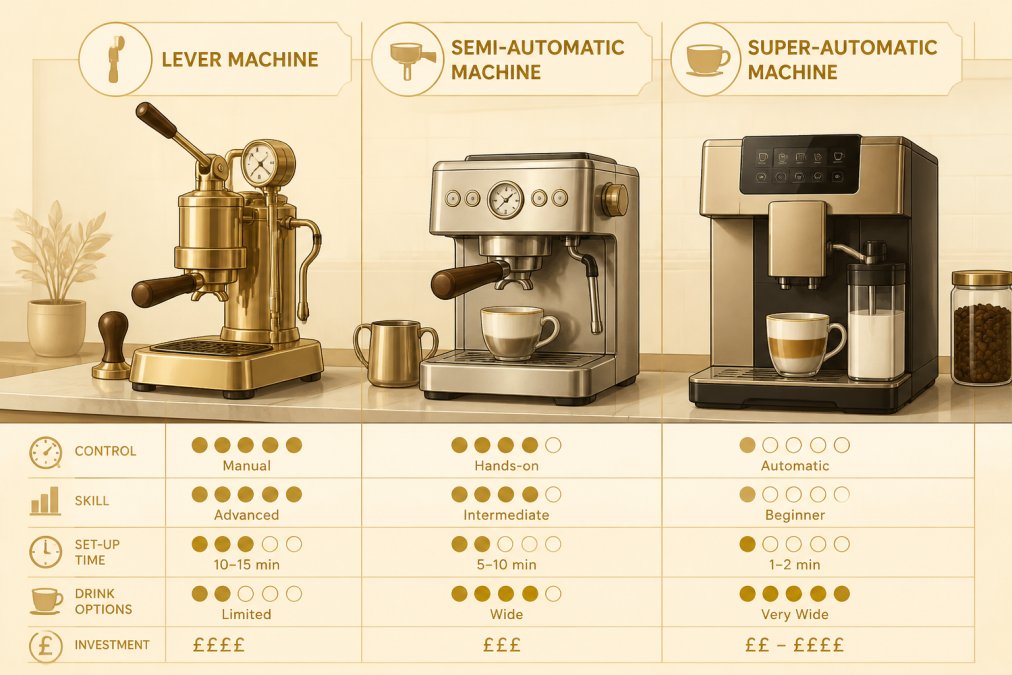 Three different espresso machine styles displayed side by side on a kitchen counter, a sleek lever machine, a compact semi-automatic unit, and a modern super-automatic model, showing their distinct designs and relative sizes