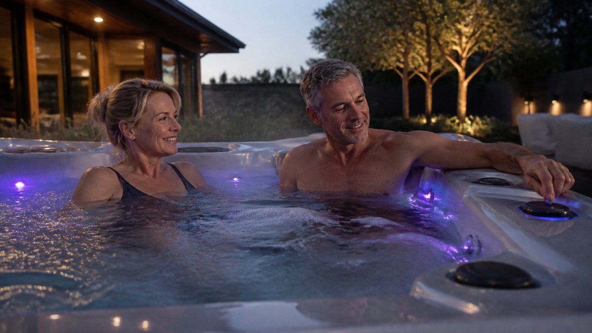 A couple in their fifties relaxing in a backyard hot tub at dusk while adjusting the control panel settings.