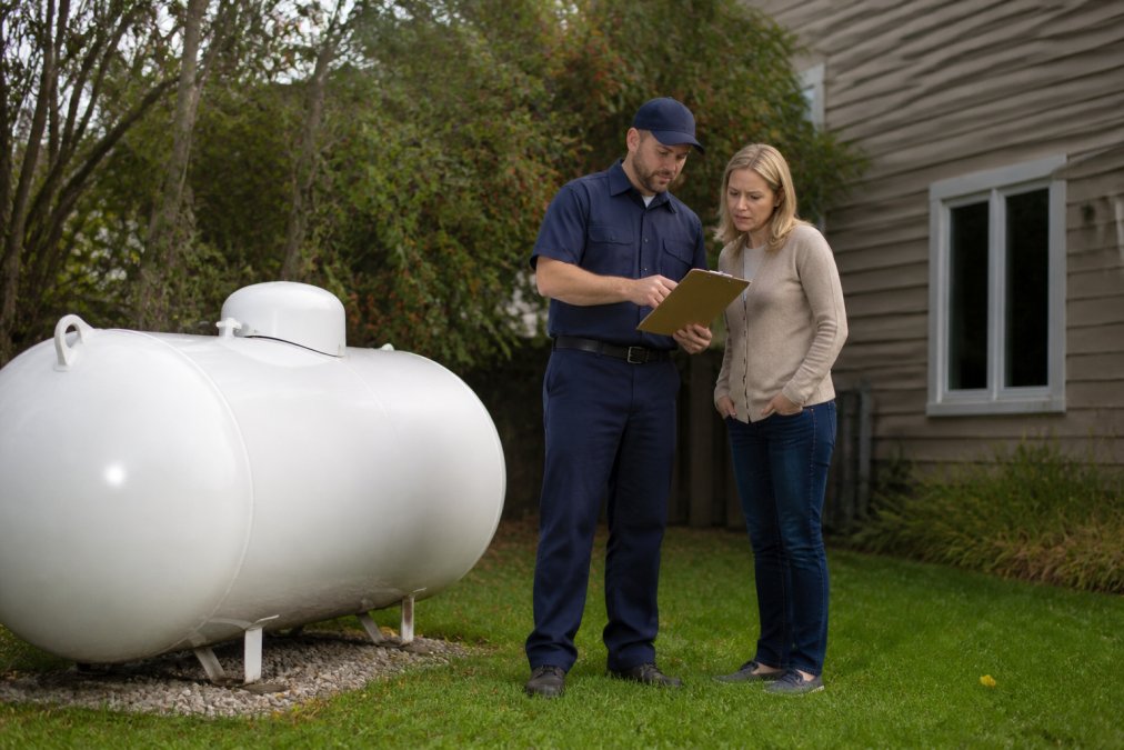 A homeowner and a propane technician in uniform standing next to an above-ground propane tank in a suburban backyard, reviewing a clipboard with safety inspection details