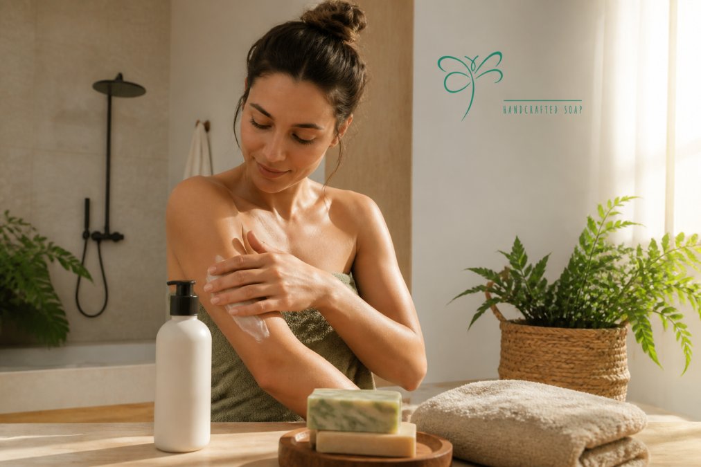 Person applying lotion after using a hydrating body wash in a warm, cozy bathroom with soap and a towel.