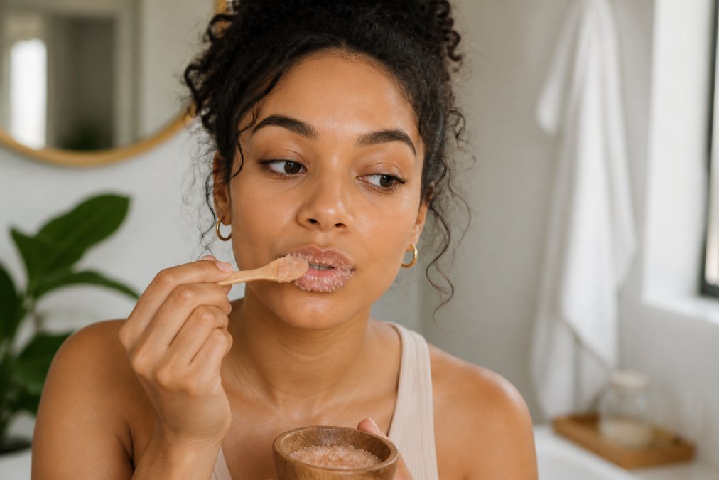 A close-up of a woman gently exfoliating her lips with a soft sugar scrub, holding a small wooden spoon, in a bright bathroom with natural light