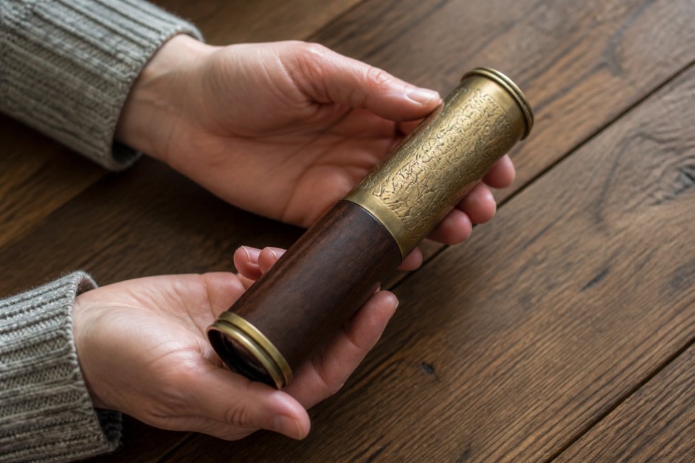 Hands holding a handcrafted brass and wood kaleidoscope with etched floral patterns on a rustic wooden table.