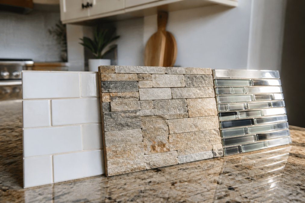 Close-up view of three different backsplash material samples including ceramic tile, natural stone, and glass tile arranged side by side on a kitchen counter with warm natural lighting