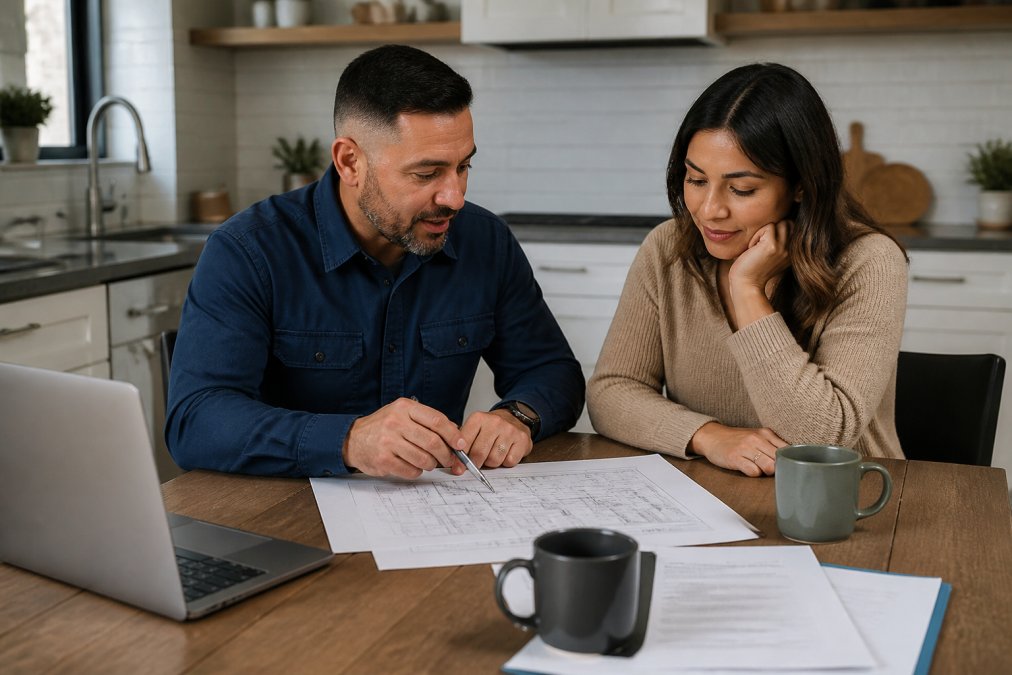 A homeowner and a contractor reviewing blueprints and documents at a kitchen table, with a laptop and coffee mugs nearby, in a bright home office setting
