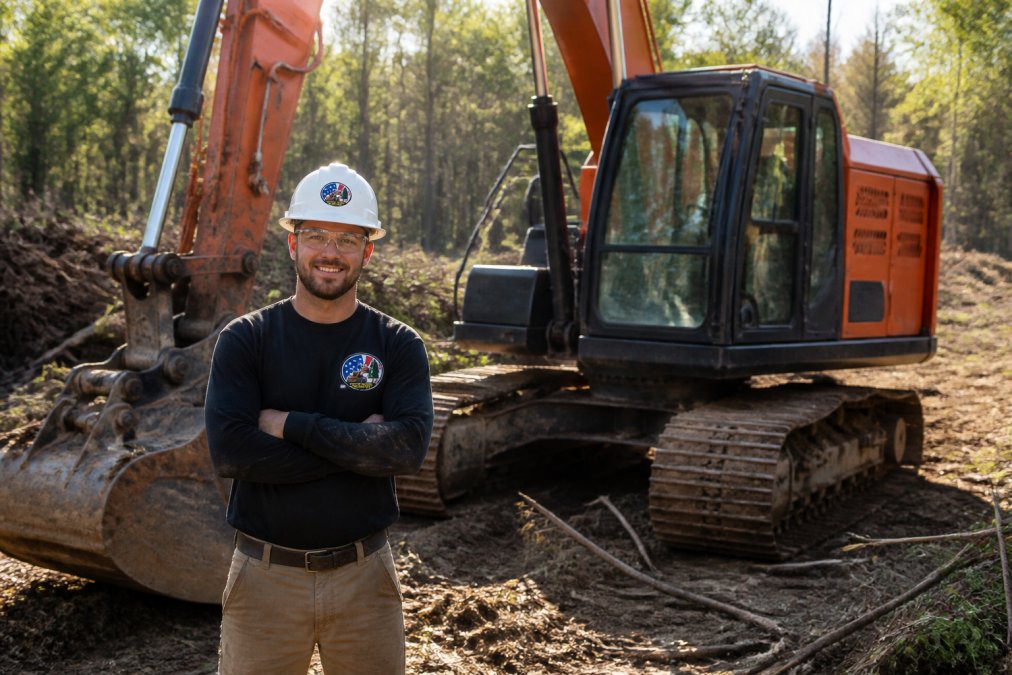 Professional land clearing operator standing beside a tracked excavator on a partially cleared property with brush piles and exposed earth visible, wearing safety gear and hard hat in morning sunlight