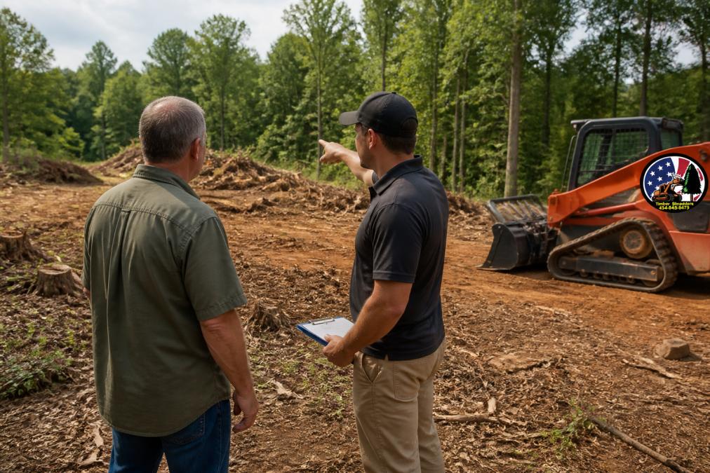 Contractor and property owner walking across cleared land during consultation, contractor pointing to brush and stumps while discussing clearing strategy, natural daylight on mixed terrain with vegetation