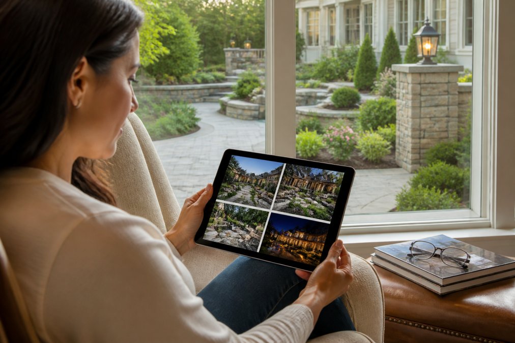 Homeowner reviewing landscape contractor's portfolio on tablet with finished landscape project visible in background through window, natural daylight