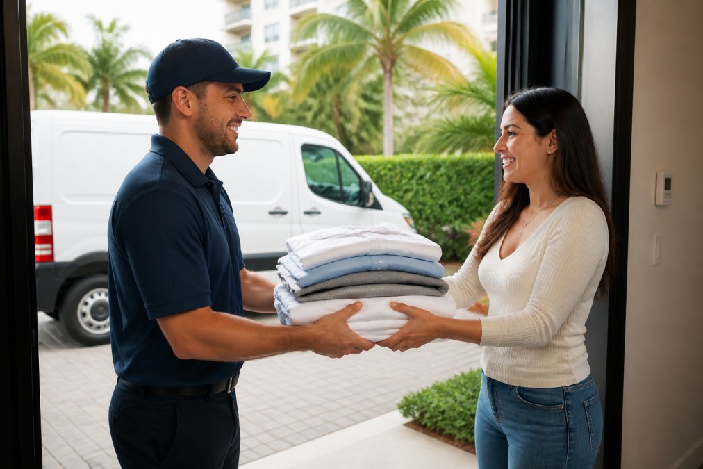 LaundrPro driver delivering neatly folded laundry to a smiling customer in Miami