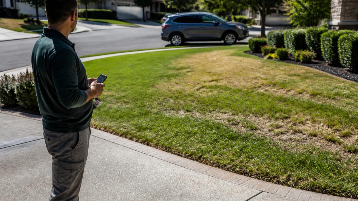 Homeowner using a phone to evaluate their patchy lawn before calling a professional lawn care company