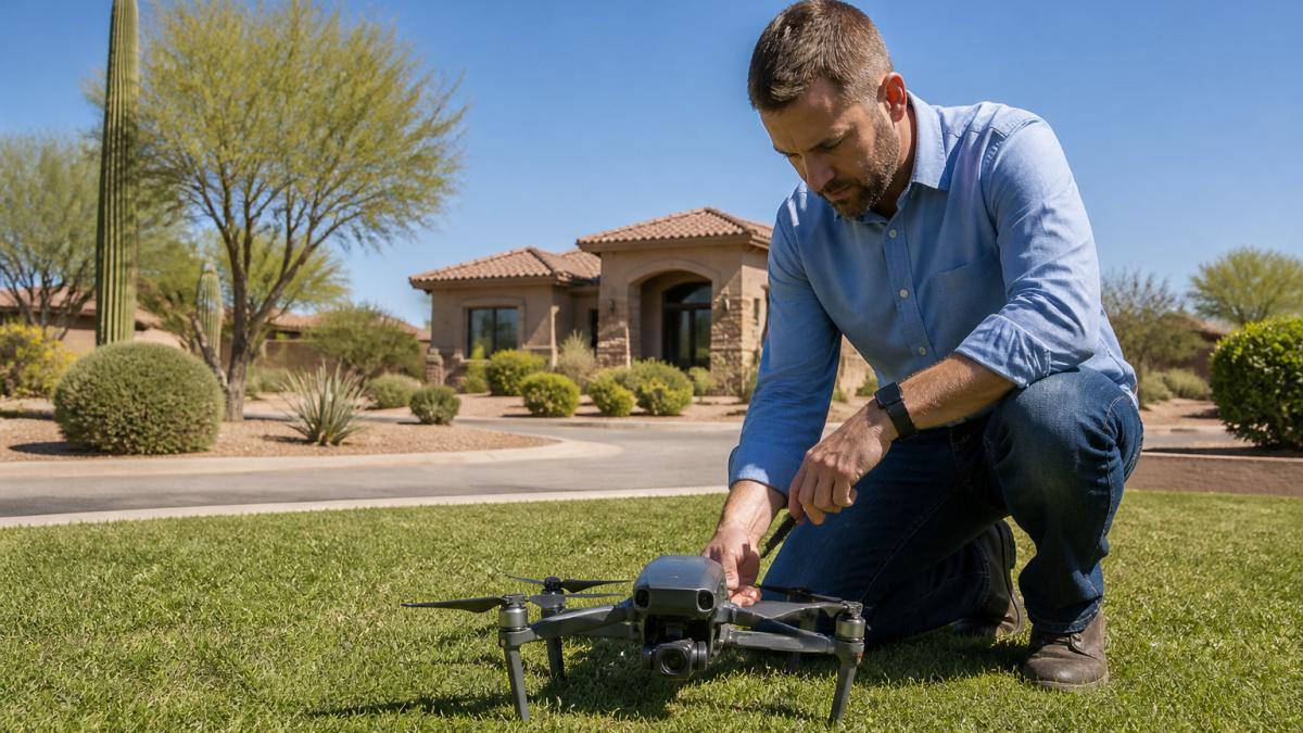 Licensed drone pilot inspects a quadcopter on a sunny suburban lawn in Phoenix