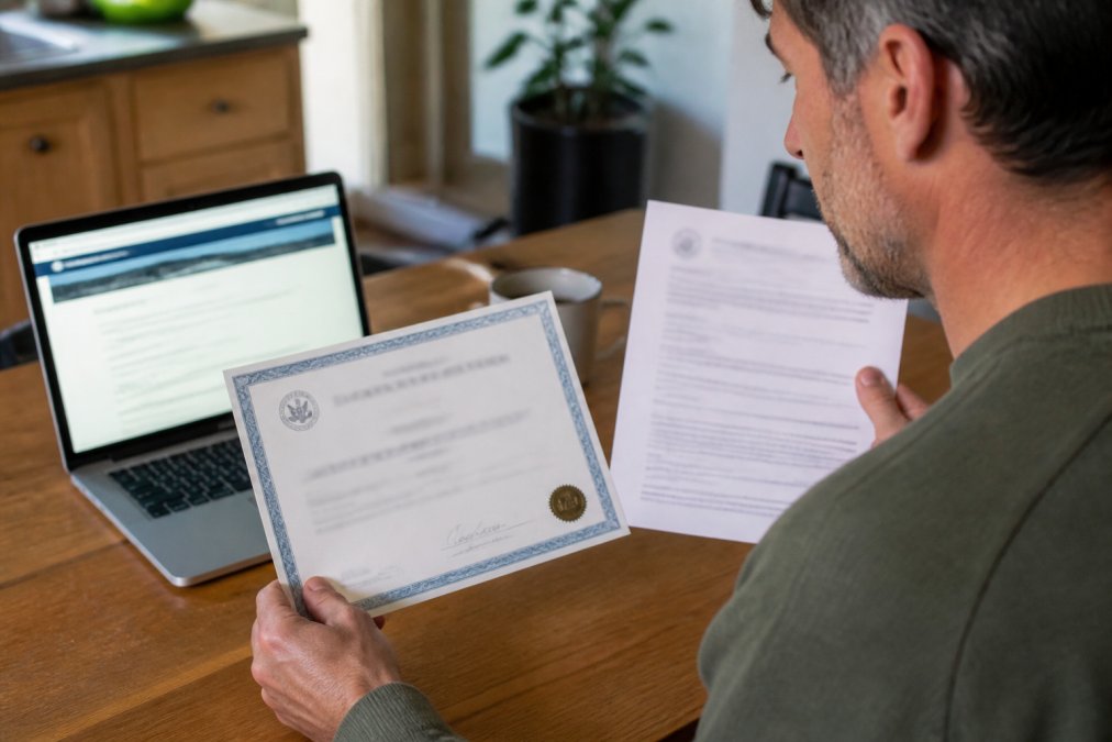 Close-up of a homeowner holding a contractor's license certificate and credentials document, examining it carefully at a kitchen table with a laptop nearby showing the state licensing board website