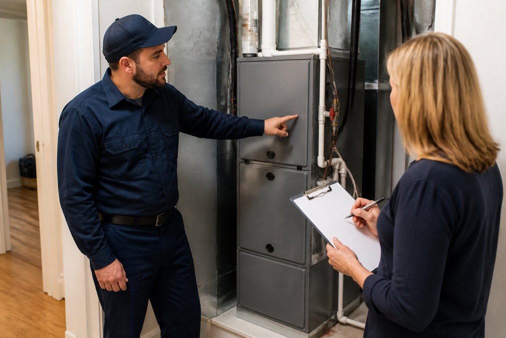 A professional HVAC technician in uniform speaking with a homeowner in their home, pointing to an HVAC unit while the homeowner takes notes on a clipboard