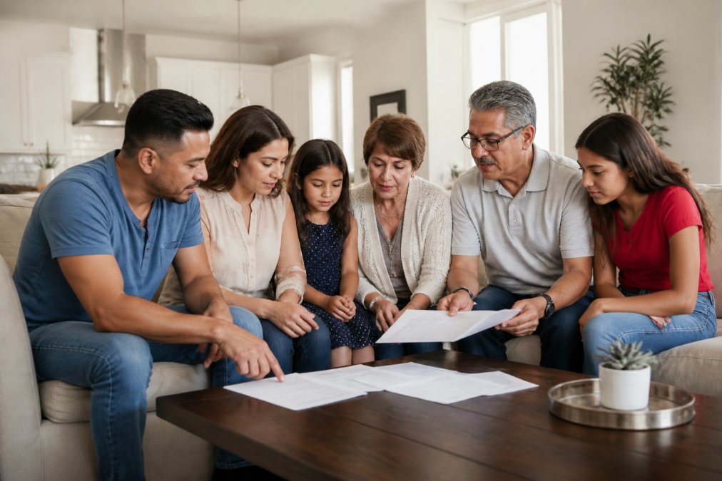 A multi-generational family sitting together on a couch in a bright Las Vegas living room, reviewing financial documents spread on a coffee table
