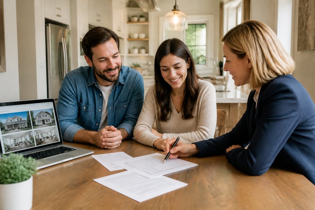 A couple sitting at a kitchen table across from a real estate agent, reviewing papers together with a laptop open showing property listings