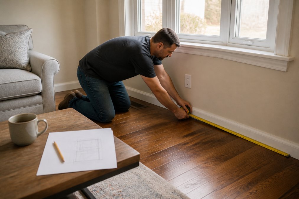 Measuring a living room floor to determine the best fit for a new living room sectional sofa layout.