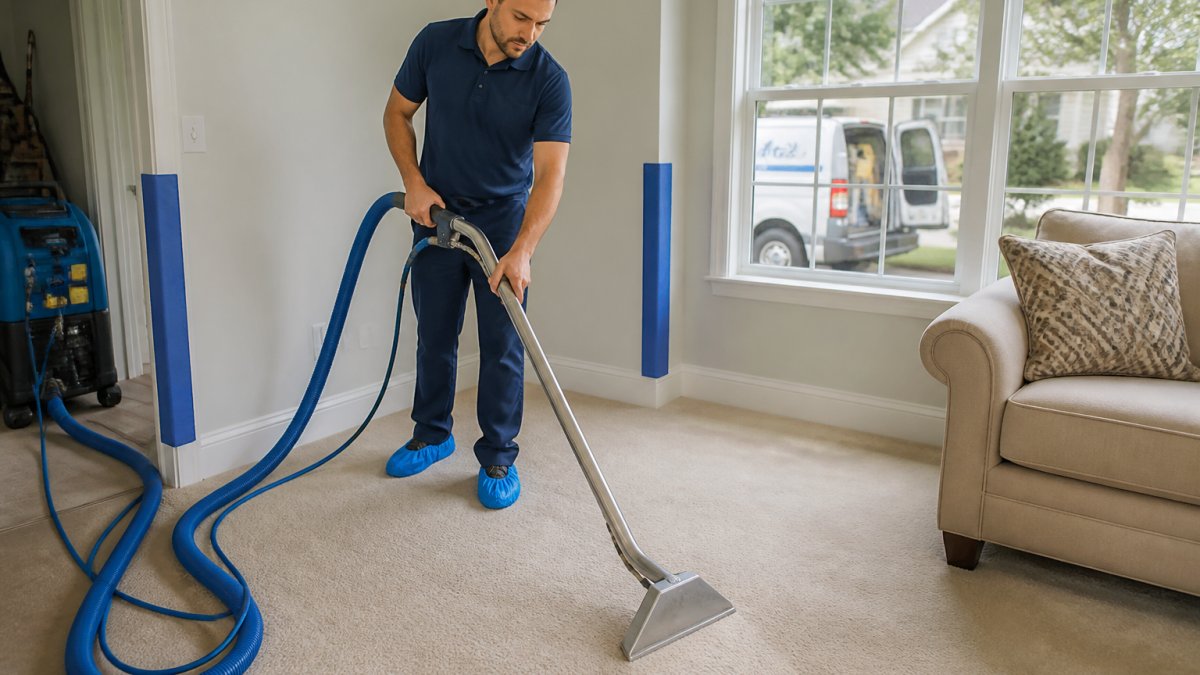 A uniformed carpet cleaning technician using a truck-mounted extraction wand on a light-colored carpet in a bright living room, with protective corner guards on the walls and a clean work van visible through the window
