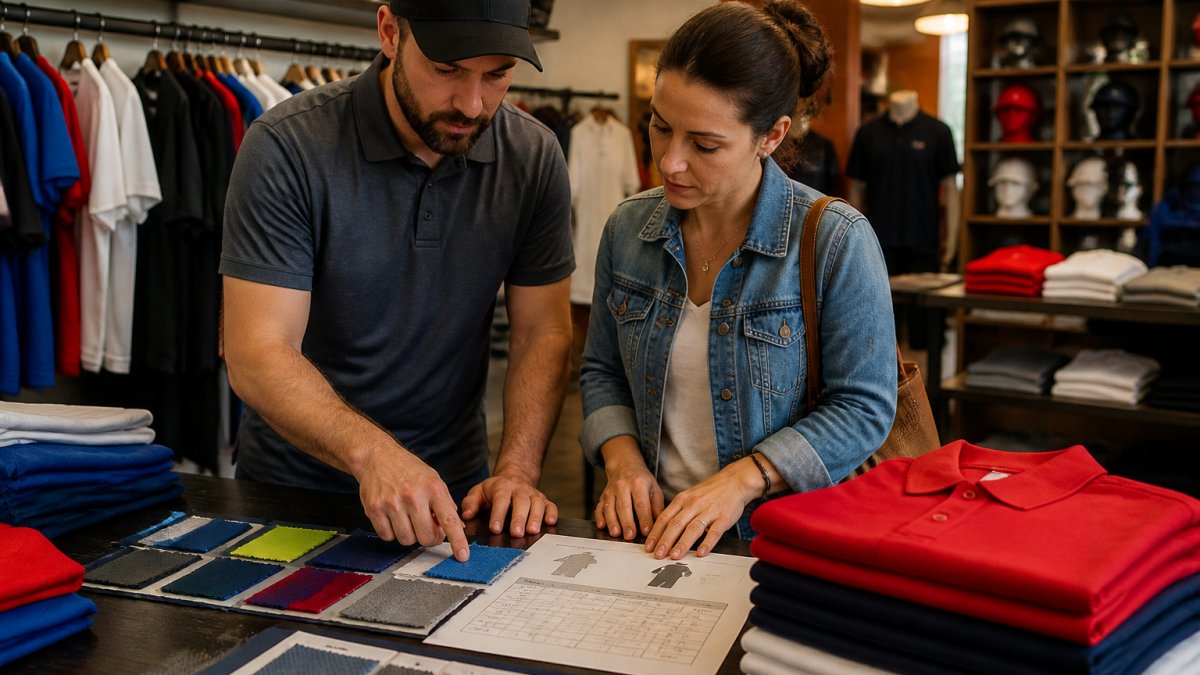 A youth sports coach and a parent reviewing fabric swatches and a printed size chart on a table at a local apparel shop, with folded embroidered team polos stacked nearby under warm overhead lighting