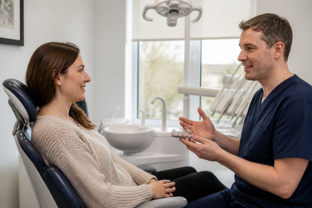 Patient sitting in a bright, modern dental surgery with a dentist in professional attire explaining treatment options, both smiling and relaxed, with soft natural lighting