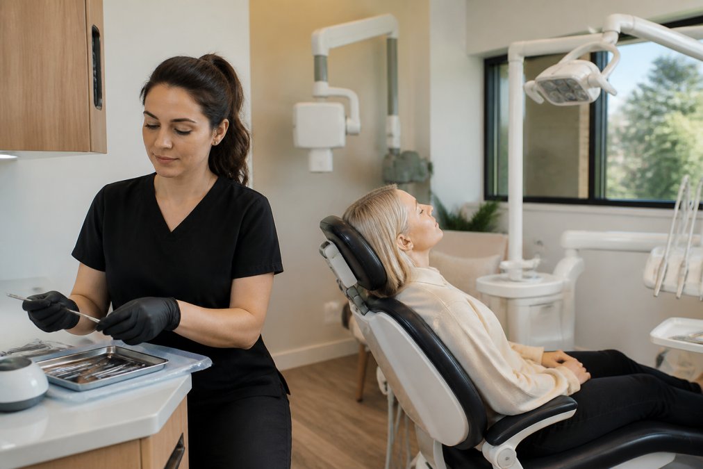A modern dental office with a patient reclined in a chair, a dental hygienist in scrubs preparing instruments, digital radiography equipment visible on the wall, and a calm, welcoming atmosphere with soft natural lighting