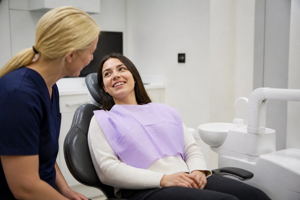 Nervous patient in a comfortable dental chair with a reassuring dentist nearby, calm and welcoming practice environment with soft lighting and modern furnishings