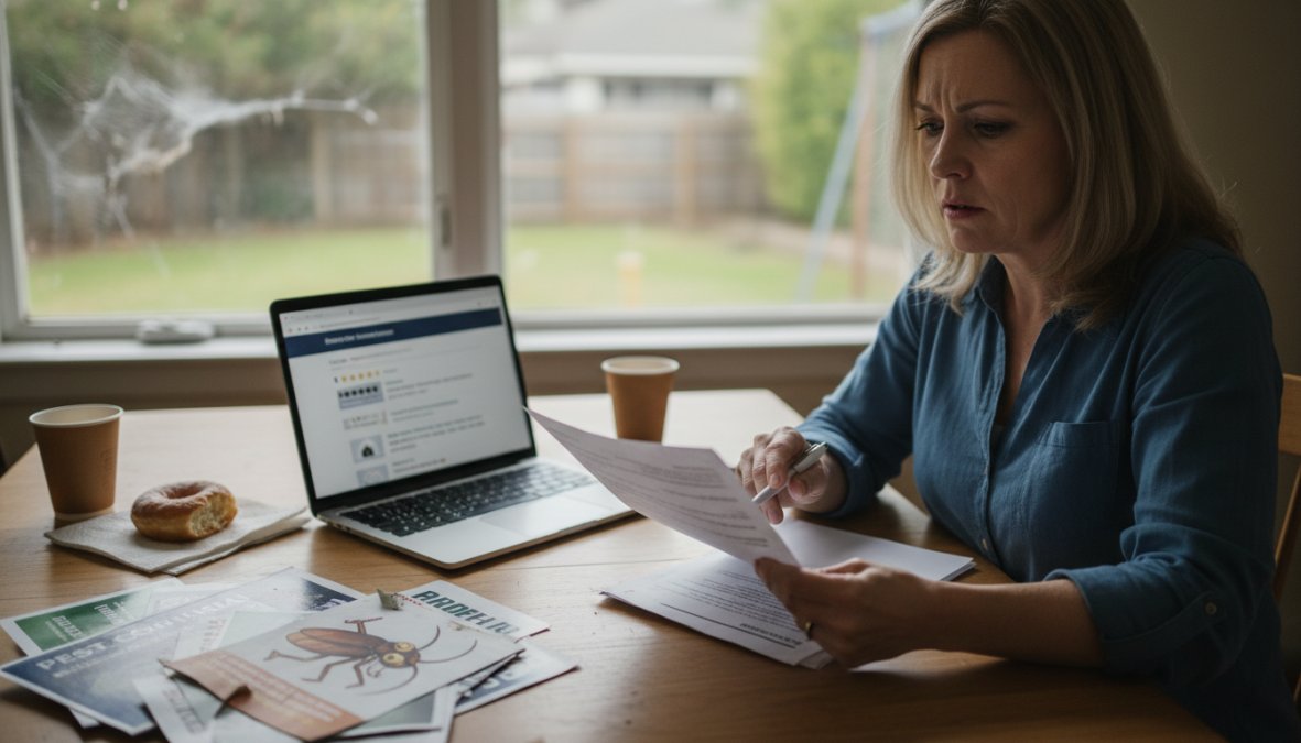 A homeowner looking concerned while reviewing a pest control service contract at a kitchen table, with a laptop open showing online reviews in the background, warm indoor lighting