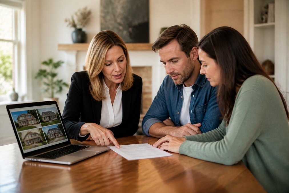 Infographic showing a local real estate agent reviewing a checklist of essential questions with a couple