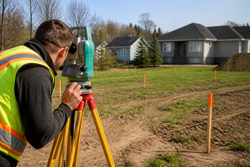 Professional land surveyor using transit and measuring equipment on residential lot with property markers, surveying stakes, and measuring tape visible in natural daylight