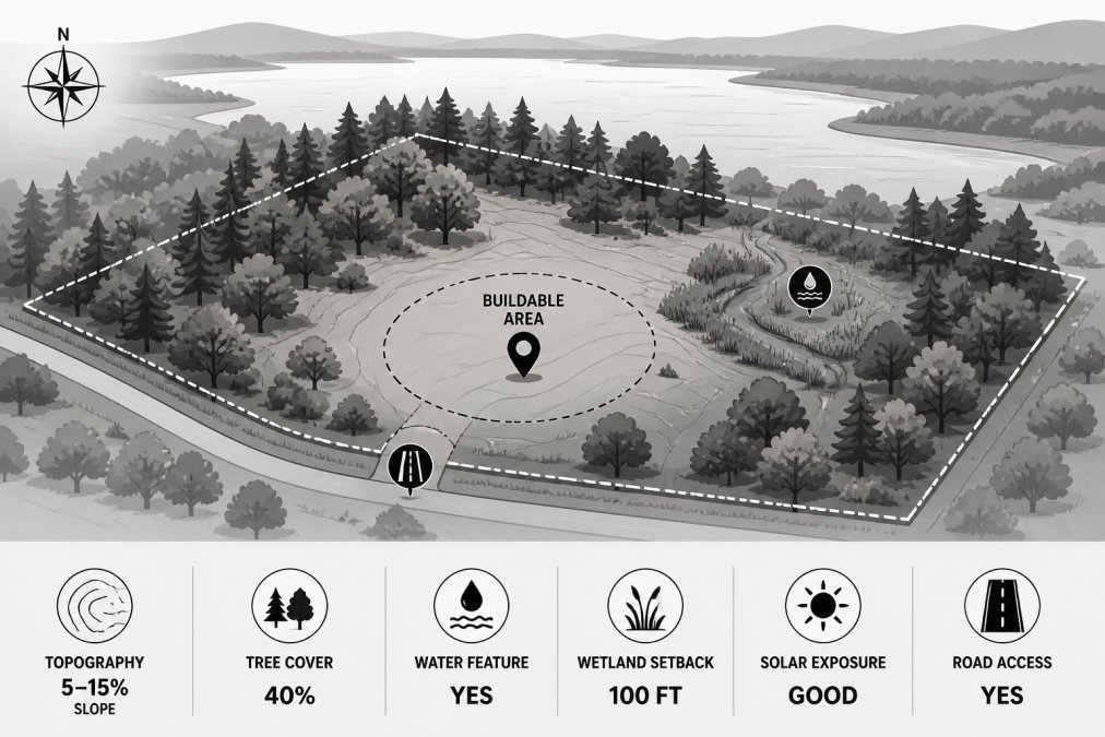 Aerial view of rural residential lot showing natural topography with mixed tree coverage, open building area, water feature visible in background, and surrounding landscape in clear daylight