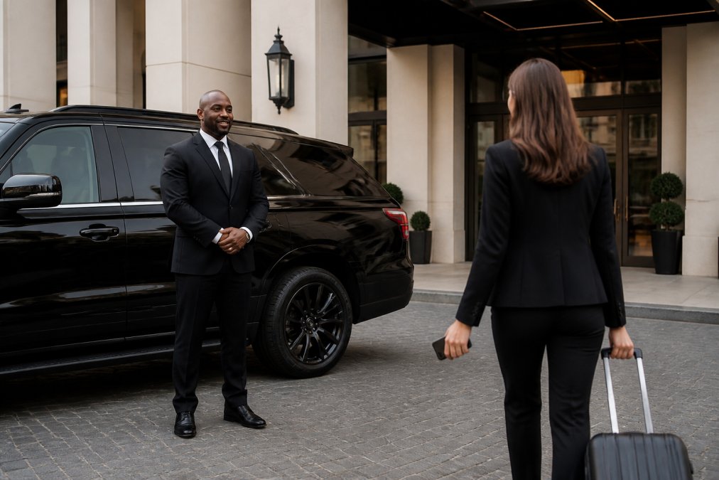 Professional chauffeur in dark suit standing beside a luxury black SUV at an upscale venue entrance, client approaching with luggage and phone in hand