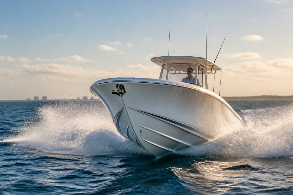 A luxury center console boat cutting through choppy offshore waters, deep-V hull angle visible with spray fanning out from the bow, captain at the helm under a hardtop in morning light