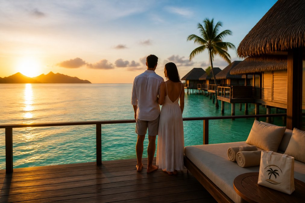 Couple standing on a private overwater bungalow deck at sunset, looking out at turquoise water with tropical palms and distant islands, soft golden light reflecting on the water