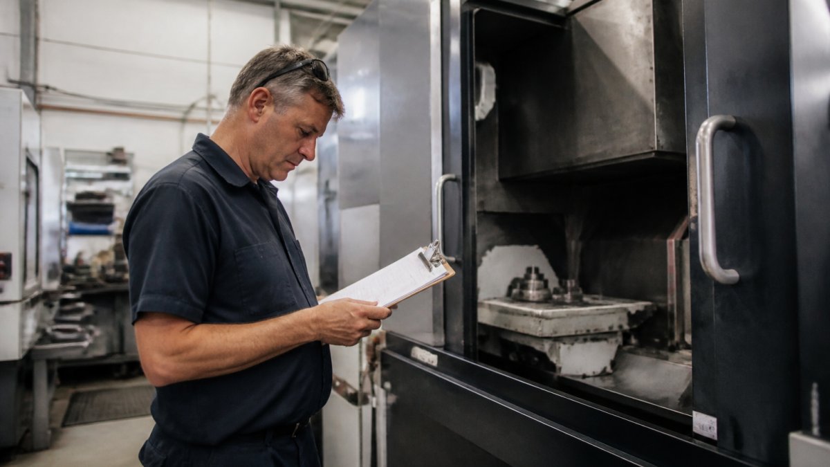 Technician reviewing maintenance logs for a machine repair service provider in a manufacturing facility