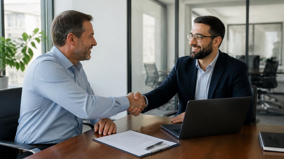 Business owner shaking hands with a managed IT provider after reviewing a service agreement during a consultation.