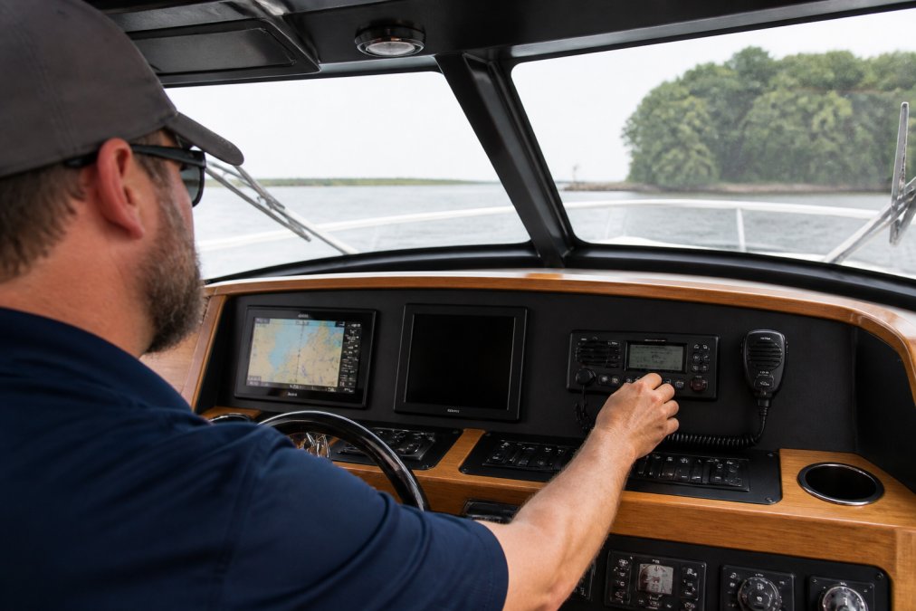 Boat operator at the helm with a fixed mount marine VHF radio visible on the dashboard, showing the radio's integration with other electronics in the wheelhouse