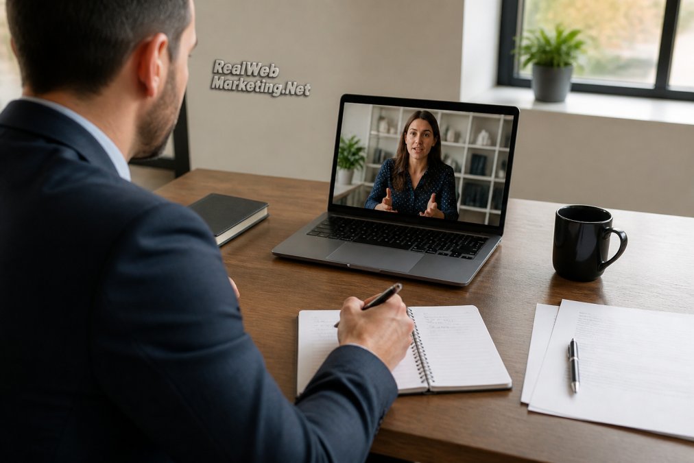 Professional in business attire taking detailed notes during a video call with marketing consultant visible on laptop screen, natural office lighting, notepad and pen on desk