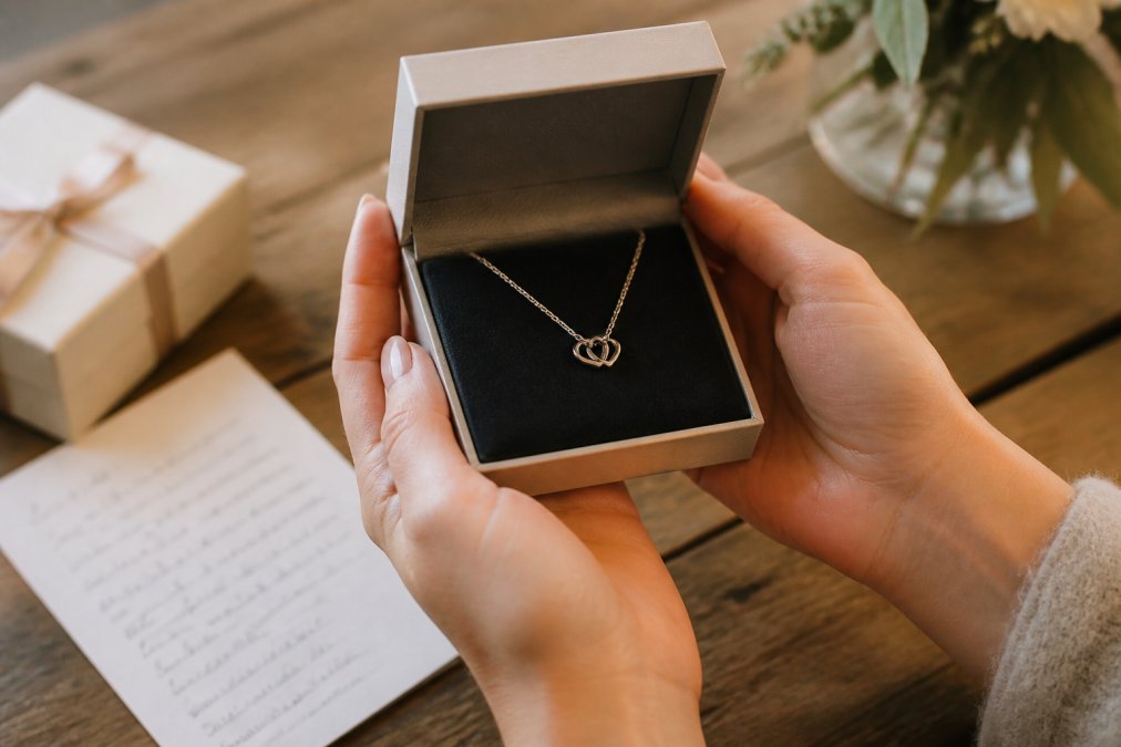 Close-up of a woman's hands holding a personalized jewelry box with a delicate necklace inside, soft warm lighting on a wooden table with a handwritten note beside it