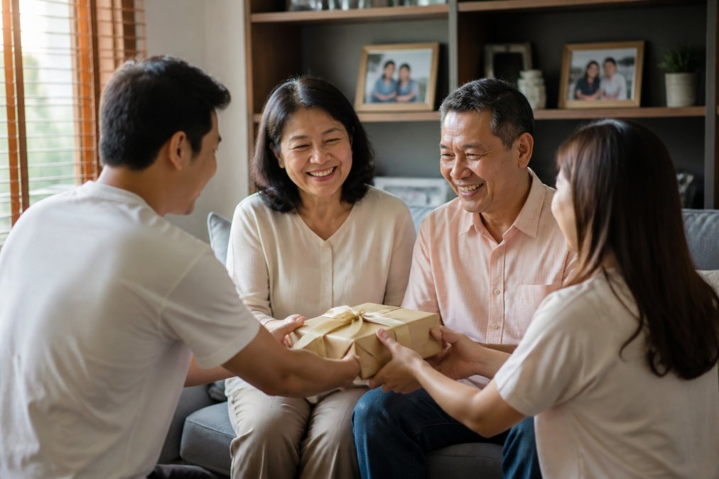 Adult children presenting a wrapped personalized gift to smiling parents in a warm home setting, with family photos visible in the background