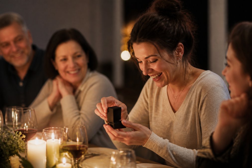 A woman in her thirties smiling as she opens a small jewelry box at a birthday dinner table, warm candlelight, family blurred in the background