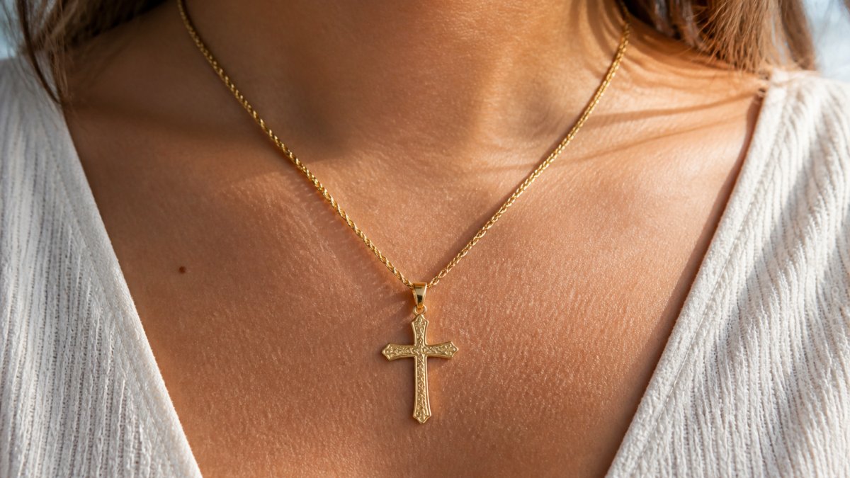 Close-up of a gold-plated cross necklace pendant worn against skin, showing the intricate detail of the cross and how the chain drapes, with natural daylight highlighting the gold finish