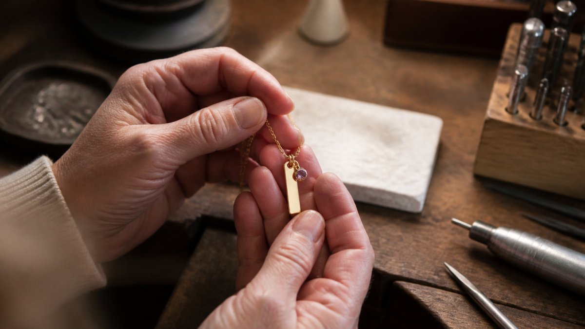 Close-up of a parent's hands holding a custom engraved necklace with a small birthstone pendant, warm natural light, sentimental atmosphere