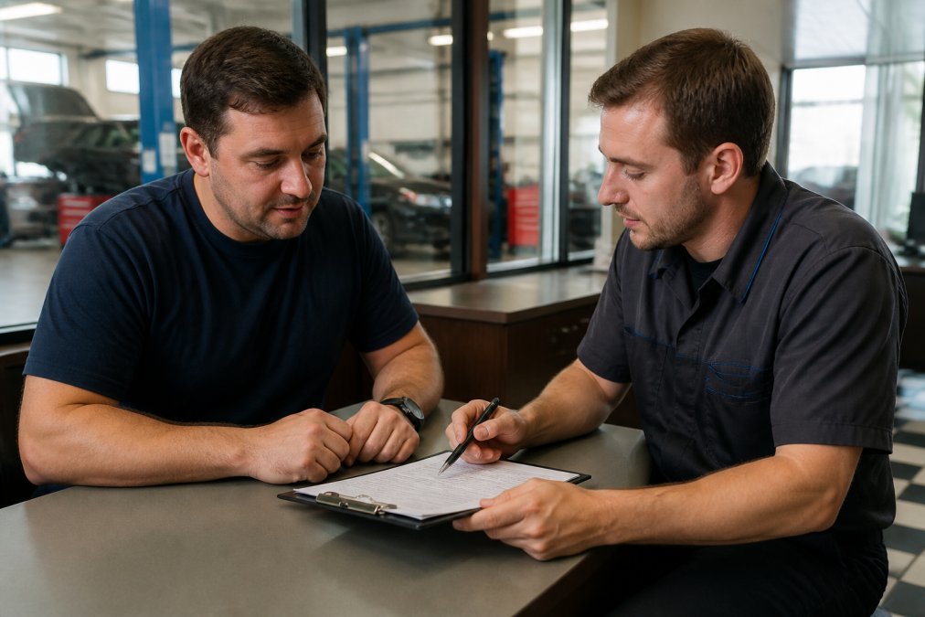 Customer reviewing a repair estimate with an auto technician to help choose a mechanic at a clean repair shop.