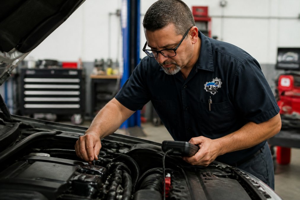 Professional automotive technician in work uniform examining vehicle engine with diagnostic scanner, focused concentration in modern repair facility