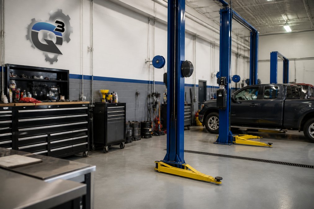 Well-organized automotive repair facility with modern diagnostic equipment, clean work bays, organized tool storage, and professional workspace under bright lighting