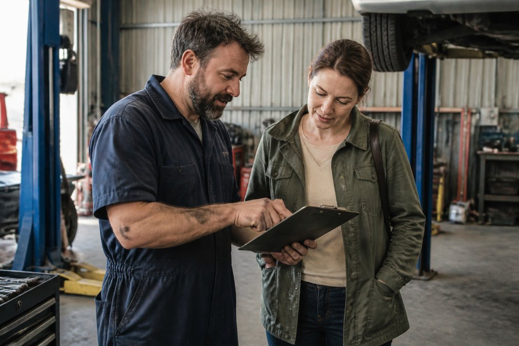 A customer and a mechanic standing in a well-lit automotive workshop, both looking at a clipboard with a service checklist, the mechanic pointing to a specific item while the customer nods, conveying an open and transparent consultation