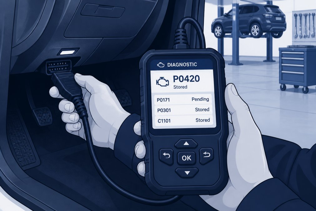 Close-up of a mechanic's hands connecting a modern OBD diagnostic scanner to a car's diagnostic port inside a clean, well-lit workshop bay, the scanner screen showing fault code data