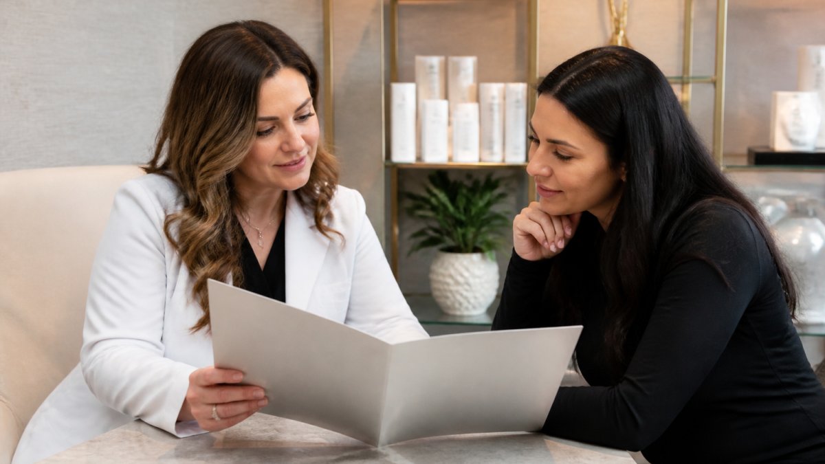 Professional medical aesthetician reviewing treatment plans and certifications with a client in a modern clinical consultation room with soft lighting