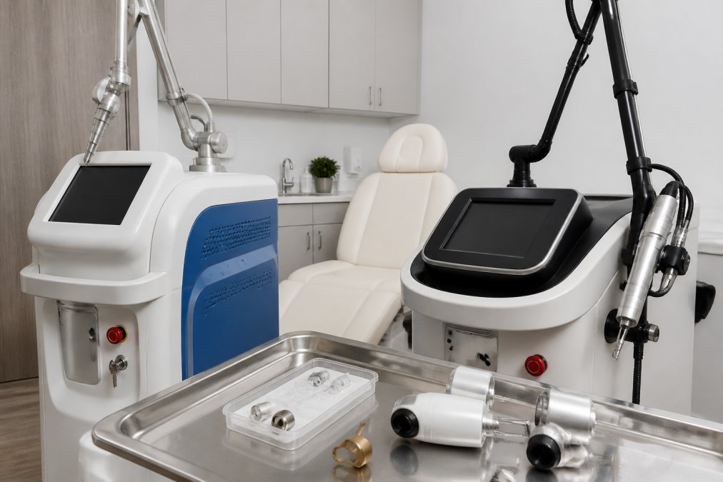 Modern medical aesthetics treatment room with advanced laser equipment including NeoGen and Artemis TShape2 systems displayed on clean stainless steel surfaces, sterile instruments in organized trays, bright clinical lighting, and professional medical-grade furnishings