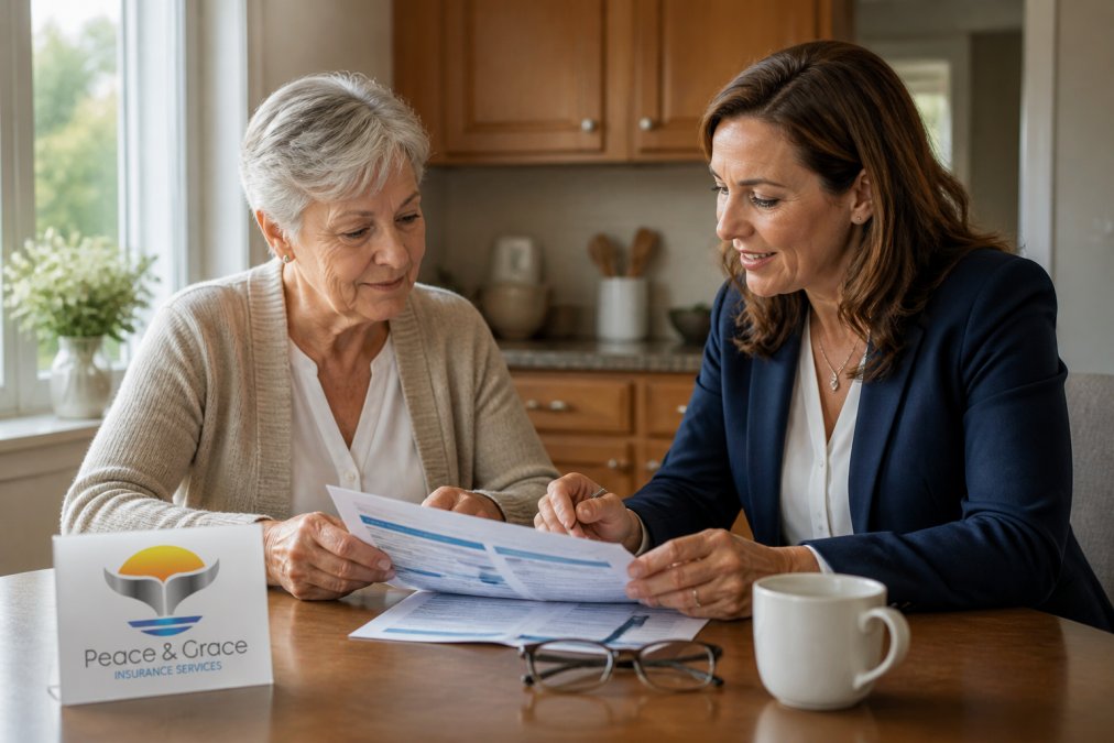 A senior woman and a friendly insurance advisor sitting at a kitchen table, reviewing printed Medicare plan documents together, with reading glasses and a cup of coffee nearby, warm natural light from a nearby window
